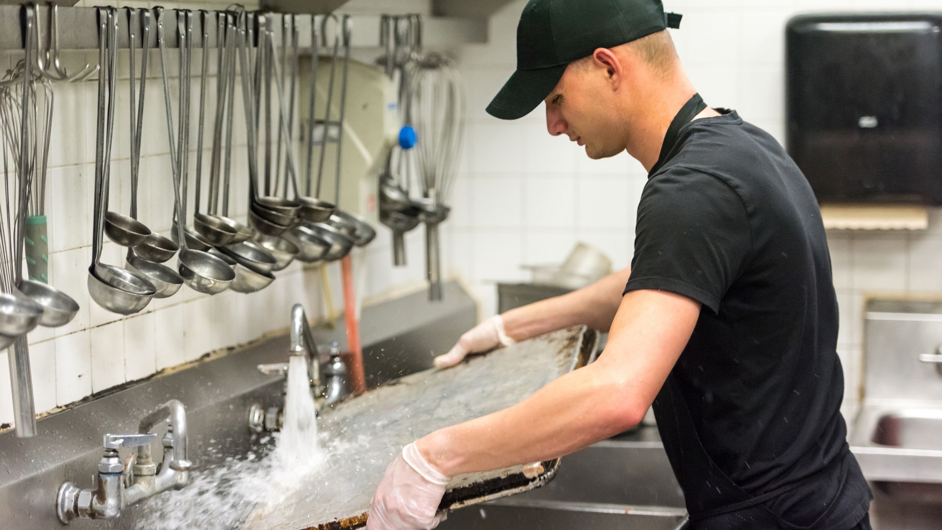 Kitchen hand washing a tray at a stainless steel sink bench in a commercial kitchen