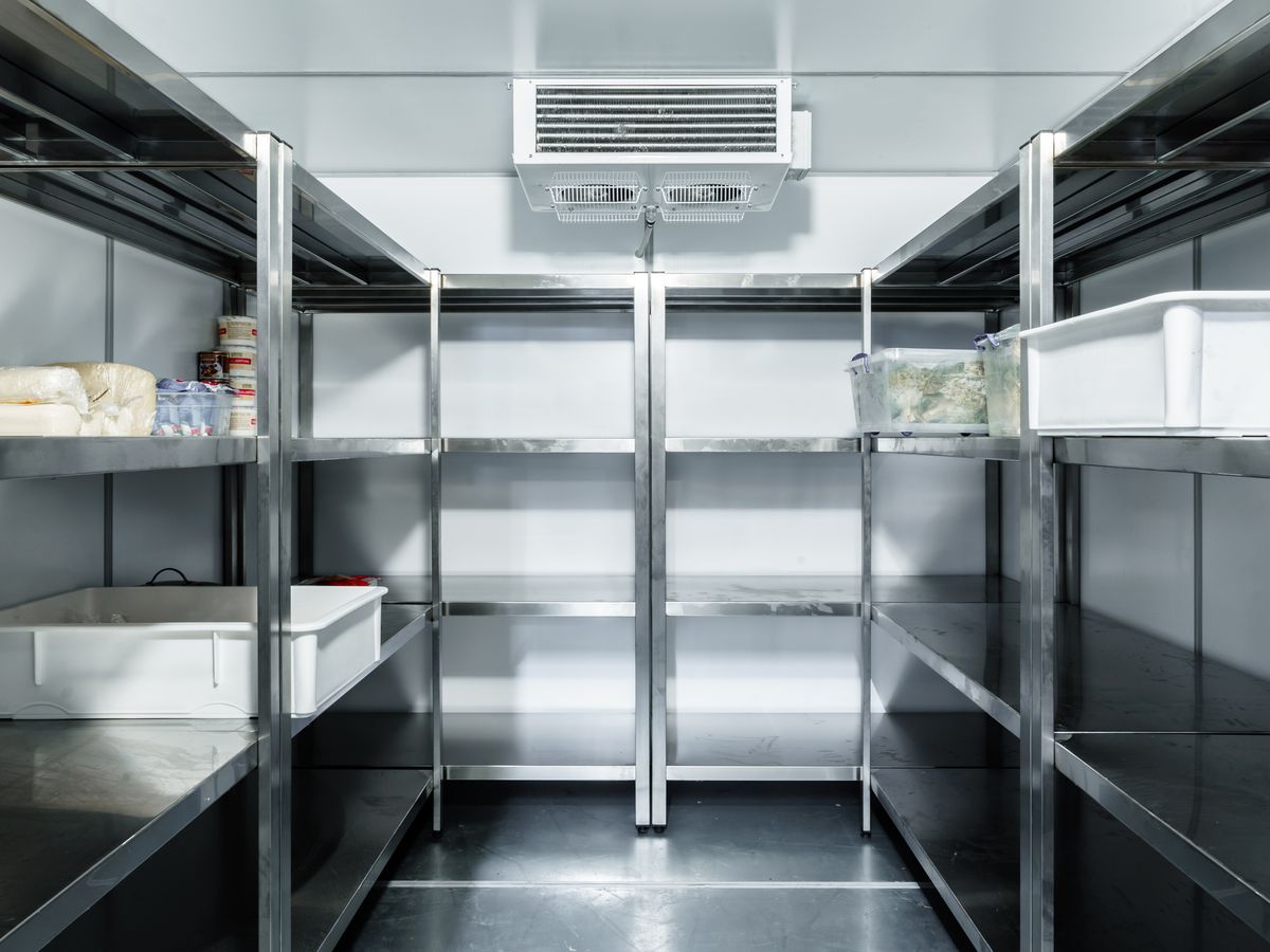 Coolroom with stainless steel shelving and lined walls